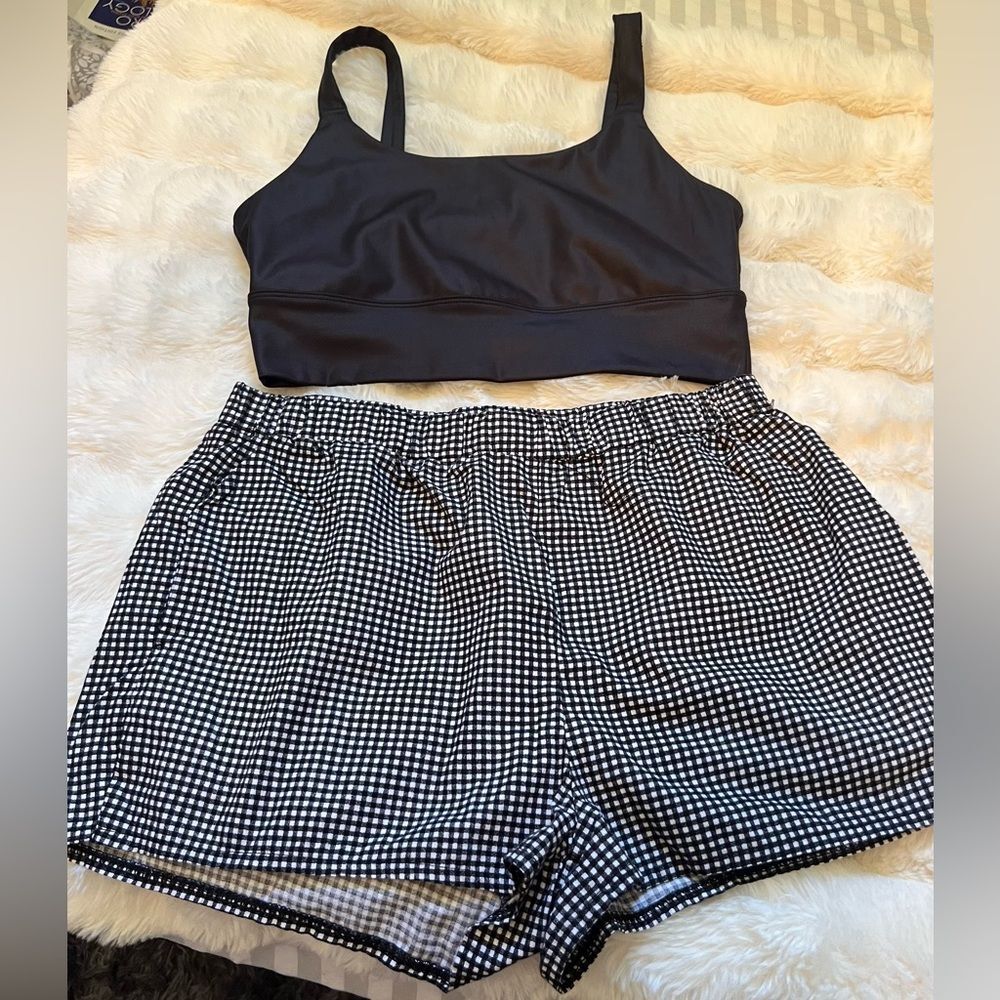 Aeropostale Gingham Checkered Two Piece Set Black Sport Bra & Shorts M Casual